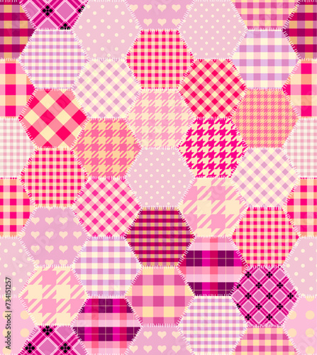 Plaid pink patchwork. Hexagons pattern. Quilting design patchwork plaid pattern pink colours. Vector pattern.