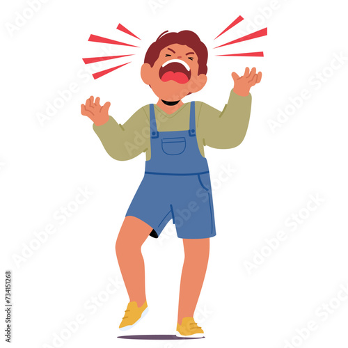 Uncontrollable Child Boy Character Tantrum. Piercing Screams, Flailing Limbs, Tears Cascade, Vector Illustration