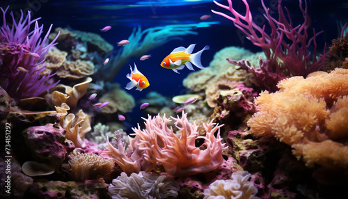 Vibrant clown fish swim below colorful coral in underwater paradise generated by AI