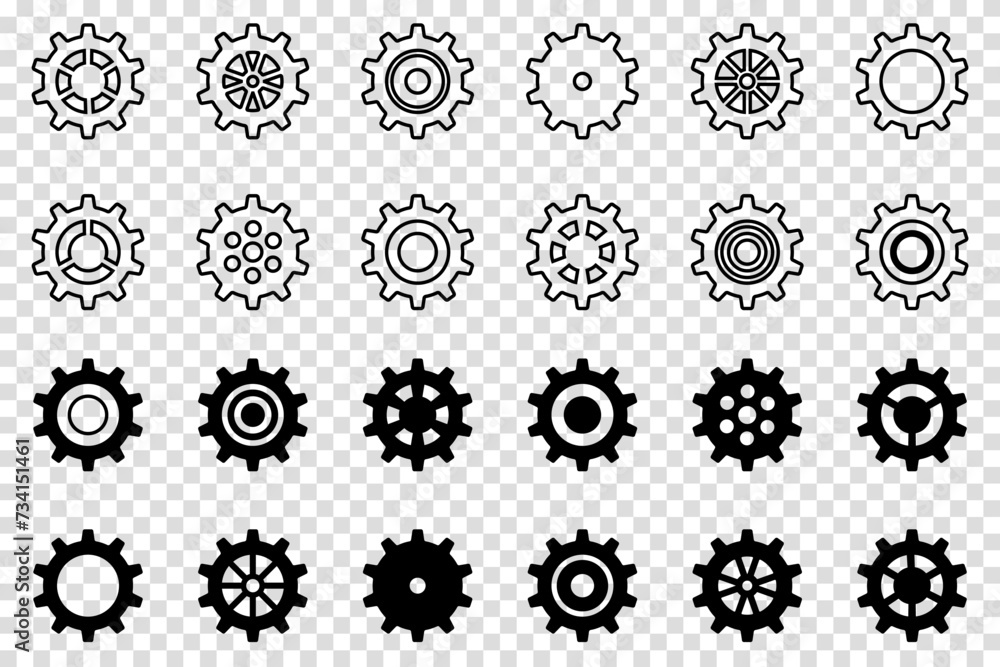 Gears icon set. Setting gears icon. Collection of mechanical cogwheels. Vector illustration with black silhouettes sprocket icons or signs design element. Transparent isolated background. Gears icon set. Setting gears icon. Collection of mechanical cogwheels. Vector illustration with black silhouettes sprocket icons or signs design element. Transparent isolated background.