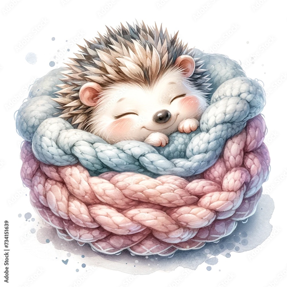 Whimsical sleeping hedgehog nursery illustration created with Generative AI technology Whimsical sleeping hedgehog nursery illustration created with Generative AI technology