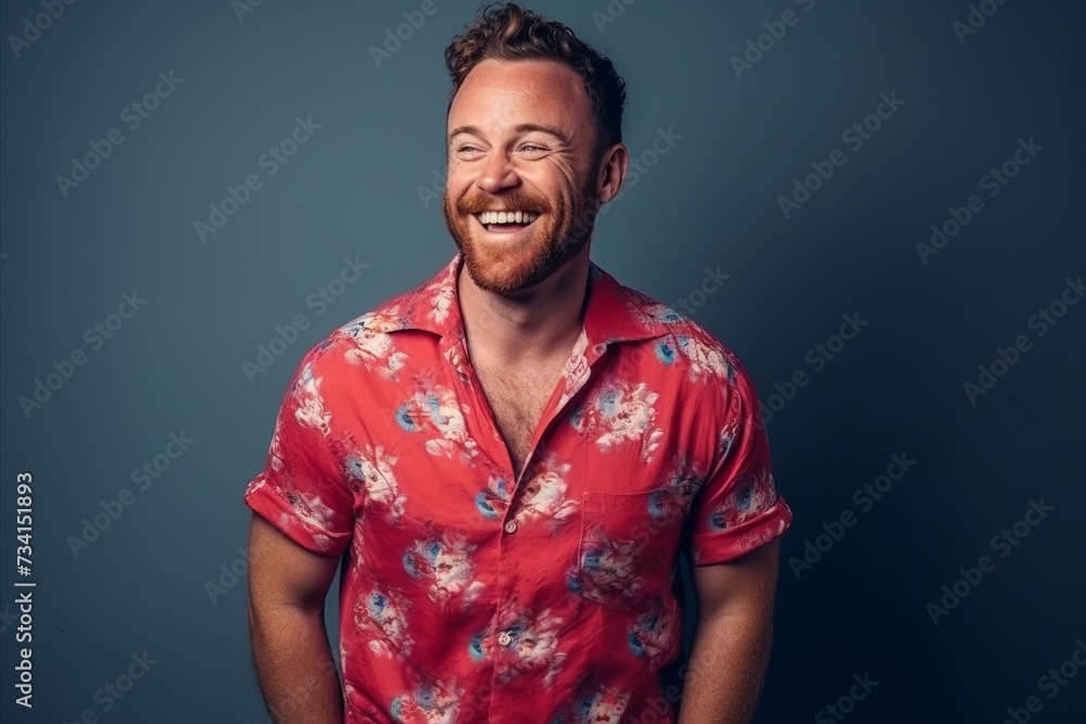 Portrait of a funny man in a floral shirt laughing at the camera Portrait of a funny man in a floral shirt laughing at the camera