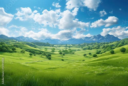 Natural scenic panorama Greenfield  Panoramic view of green meadow and blue sky with clouds  Ai generated