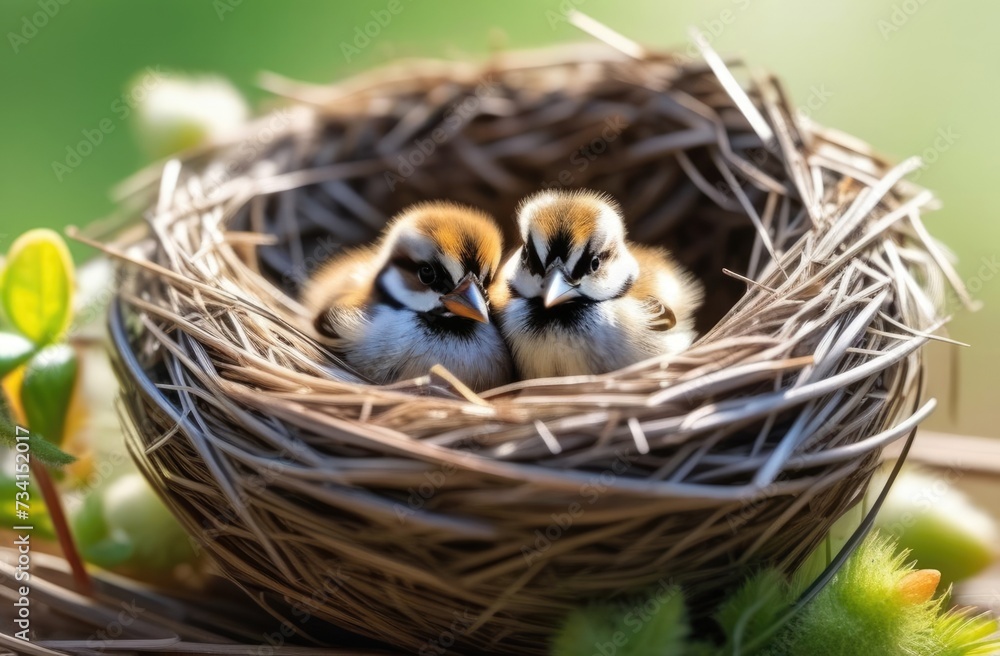 international Bird Day, World Sparrow Day, two small sparrows in a nest on a tree branch, sunny day, green background international Bird Day, World Sparrow Day, two small sparrows in a nest on a tree branch, sunny day, green background