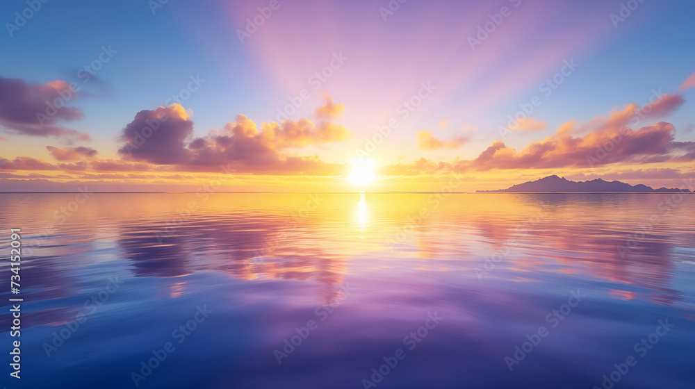 Sunrise over the ocean, with purple and pink hues stretching across the sky and reflecting on an ocean surface, with distant mountains and clouds