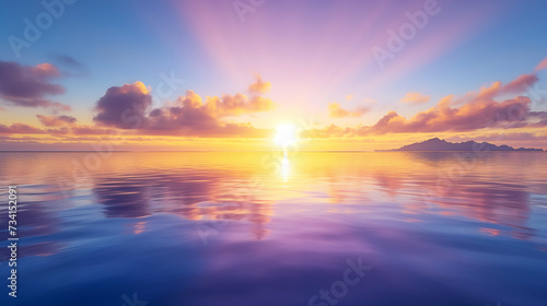 Sunrise over the ocean  with purple and pink hues stretching across the sky and reflecting on an ocean surface  with distant mountains and clouds