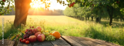 Farm wood nature field fruit table product grass garden background stand green food. Nature wood landscape morning farm outdoor sky podium forest stump beauty sun scene platform view beautiful trunk © BackgroundWorld