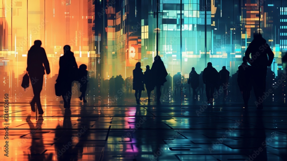 Silhouettes of pixelated people can be seen walking along the sidewalks, enjoying the city's sights and sounds