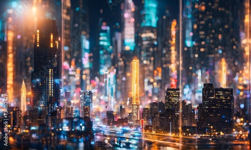 Abstract cityscape at night with futuristic financial elements