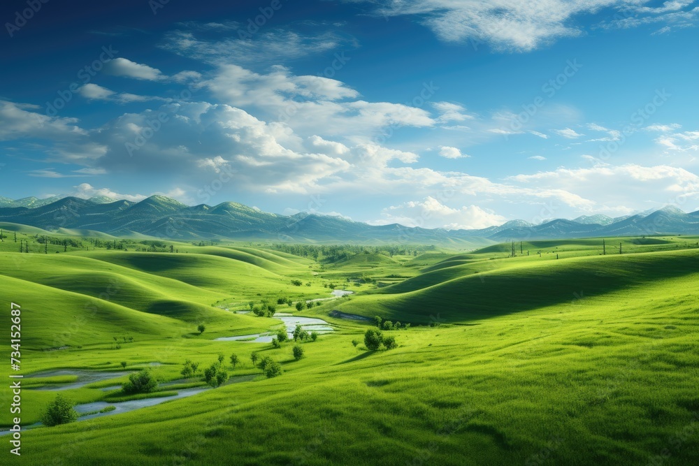Fototapeta premium Natural scenic panorama Greenfield, Panoramic view of green meadow and blue sky with clouds, Ai generated