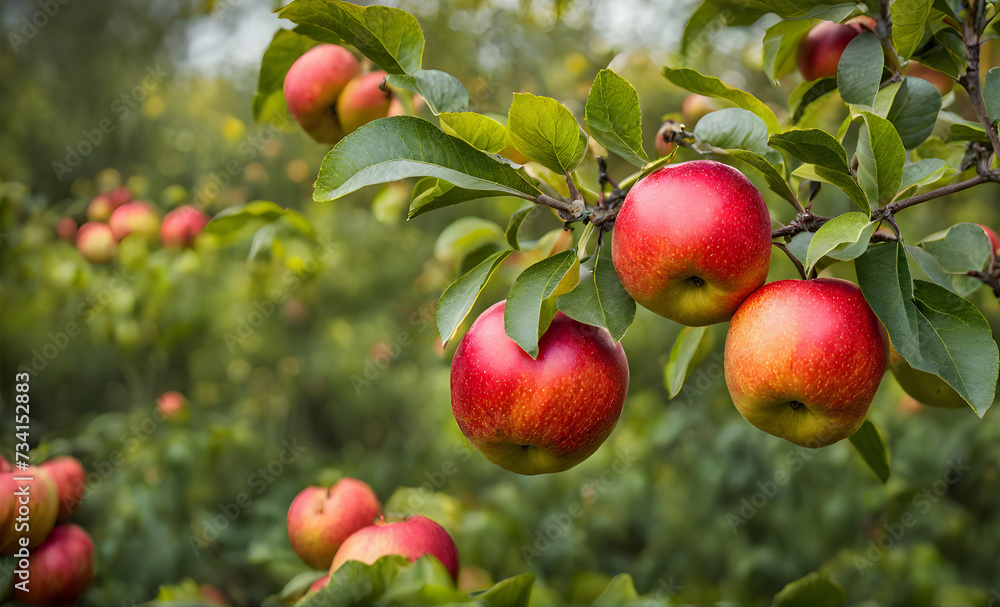 Ripe apple tree in foreground, soft-focus garden Ripe apple tree in foreground, soft-focus garden
