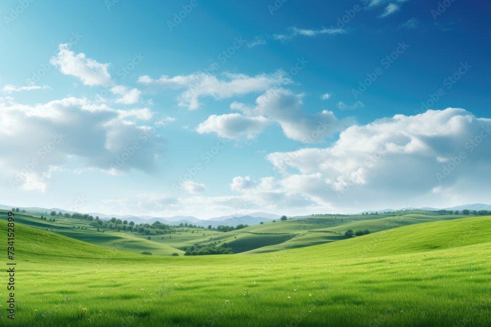 Natural scenic panorama Greenfield, Panoramic view of green meadow and blue sky with clouds, Ai generated Natural scenic panorama Greenfield, Panoramic view of green meadow and blue sky with clouds, Ai generated