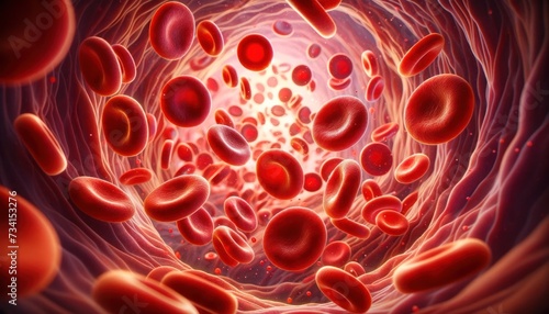 A detailed view of red blood cells in a blood vessel, showcasing their unique shape and function in oxygen transport