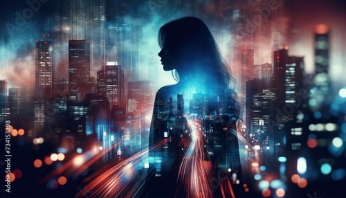 A poetic visual of a woman's silhouette blending into the vibrant lights and structures of an urban city at night