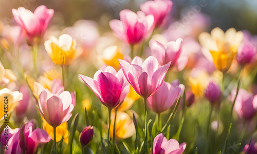 Sunny spring field  Vibrant flowers under the sun