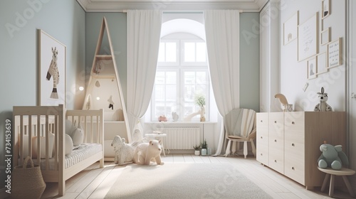 Cozy children's room interior. Scandi-Boho style neutral unisex children room interior background. Mock up frame. Baby crib in pastel colored nursery. Wooden chair and table. Generative Ai photo