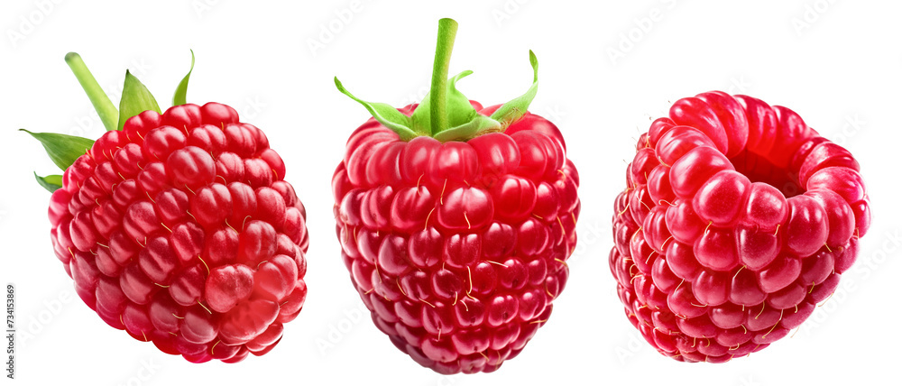 Set of three ripe raspberries isolated on a white background. Set of three ripe raspberries isolated on a white background.