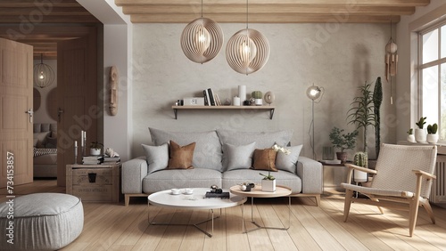 Living room interior designed in an eclectic way combining Scandinavian, Japandi and boho styles. Natural materials like wood and woven fabrics create a cohesive whole with warm colors. 3D render photo