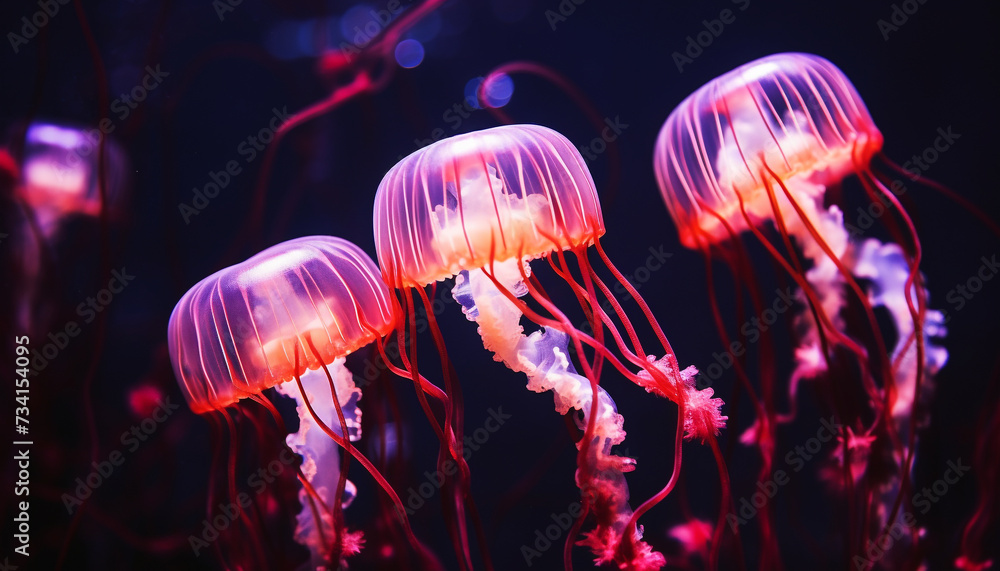 Glowing blue jellyfish swim in a group underwater generated by AI Stock ...