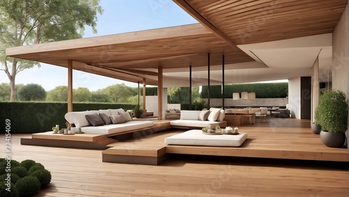 Modern, Sleek Interior Design of a Wooden Patio Design with interior design, sofas, sittings, firewood,  for relaxation and peaceful home decor © HK