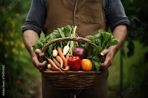 The farmer holds a basket with Organic Vegetables   A delighted young farmer holds a basket of fresh vegetables in a natural setting  symbolizing organic  eco-friendly  Ai generated