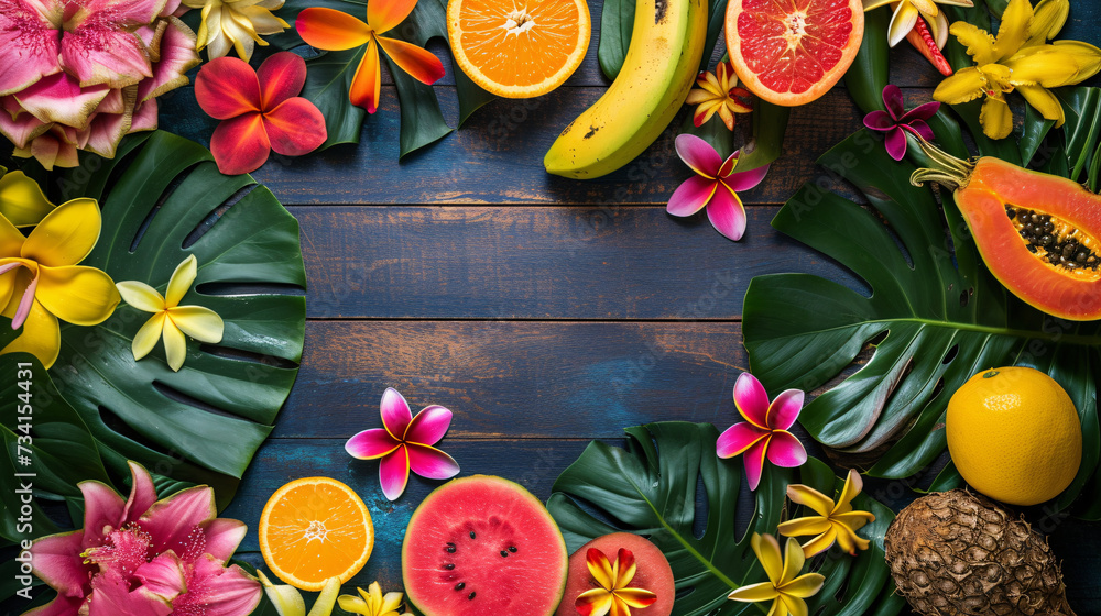 Immerse Yourself in the Vibrant Beauty of a Flat Lay Background, Adorned with a Luscious Arrangement of Tropical Fruits and Flowers, Offering Ample Copy Space for Your Designs and Messages.