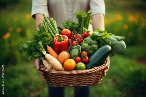 Closeup of a farmer hands holding a basket of organic vegetables , A delighted young farmer holds a basket of fresh vegetables in a natural setting, symbolizing organic, eco-friendly, Ai generated © Tanu