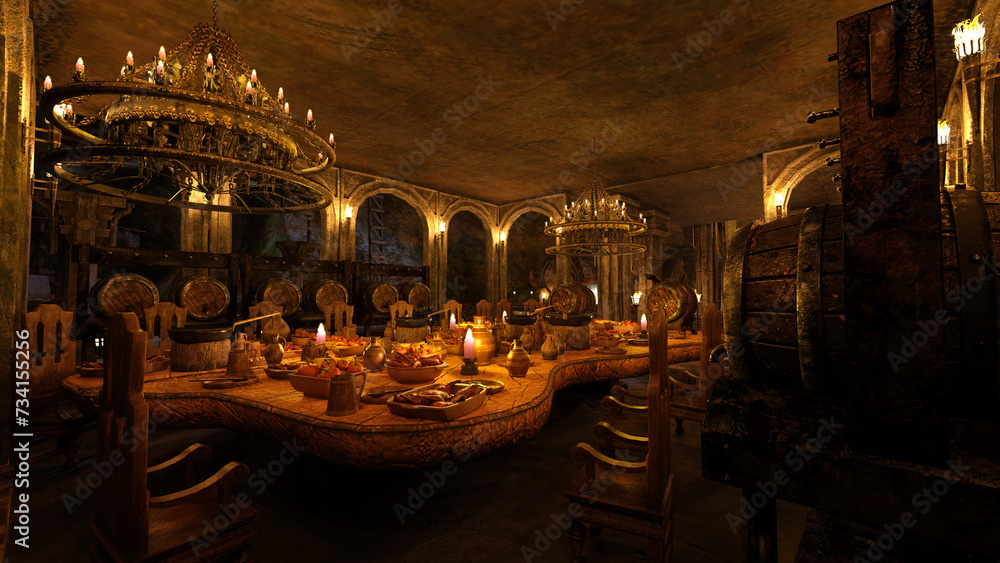 Medieval fantasy dining room in a mountain cave dwarf home with food and drink on the table surrounded by wooden barrels of wine and ale. 3D illustration. Medieval fantasy dining room in a mountain cave dwarf home with food and drink on the table surrounded by wooden barrels of wine and ale. 3D illustration.