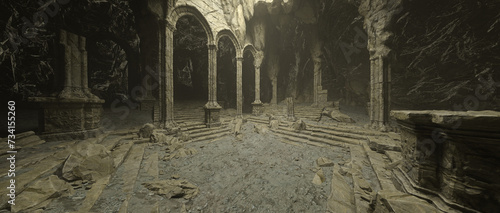 Fantasy old medieval temple ruin in a rocky mountain cave with crumbling stone columns. Wide cinematic 3D illustration. photo
