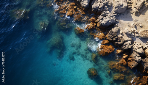 Blue wave crashes on rocky coastline, nature tranquil beauty generated by AI © Jeronimo Ramos