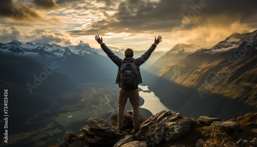 One person standing on top of mountain, arms outstretched, cheering generated by AI