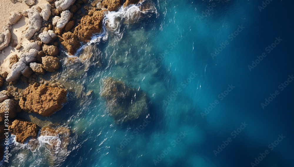 Blue wave breaks on rocky coastline, creating a beautiful seascape generated by AI