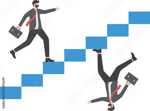 Business paradox, growth, improvement or different perspective or other side, fake or real, possible and impossible concept, ambitious businessman walk up stair while in paradox he walking down.

