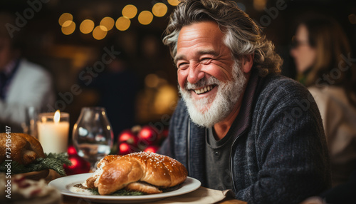 Smiling men celebrate happiness, food, and tradition indoors generated by AI