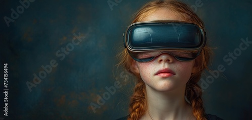 VR-headset. Medieval little girl lady on dark studio background. Concept of comparison of eras