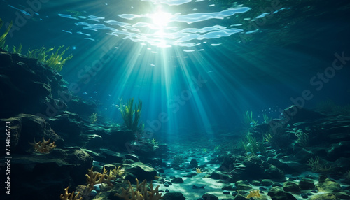 Swimming below, exploring deep, underwater adventure in tropical paradise generated by AI