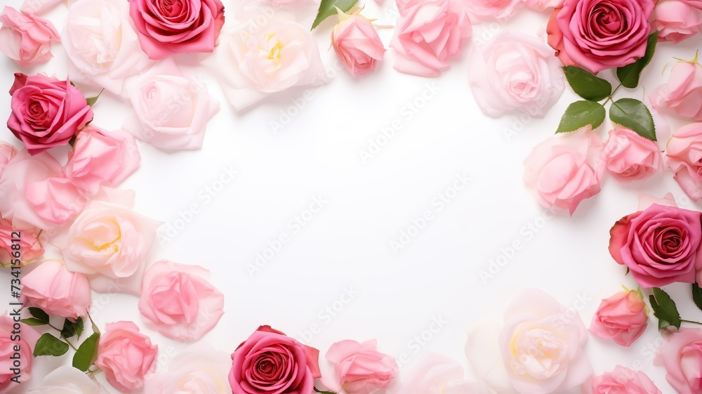 Beautiful delicate roses on a white background, delicate flowers with green leaves for Valentine's Day, holiday, congratulations, flat lay