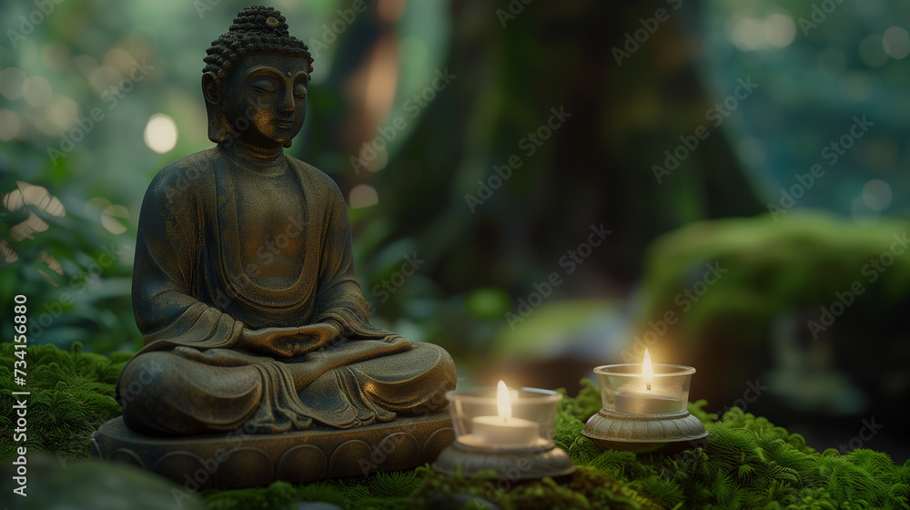 Serene Buddha Statue with Candles in Mystic Forest Setting