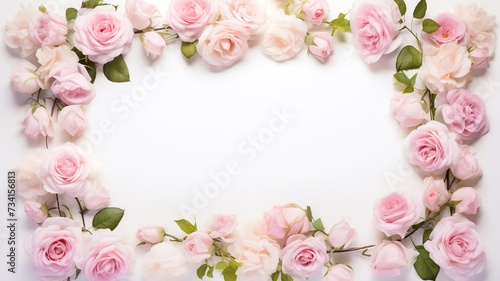 Beautiful delicate roses on a white background, delicate flowers with green leaves for Valentine's Day, holiday, congratulations, flat lay