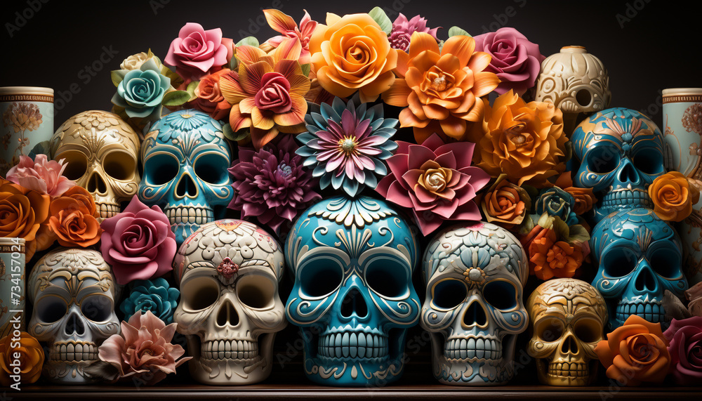 Day of the Dead celebration spooky decoration, colorful skulls generated by AI