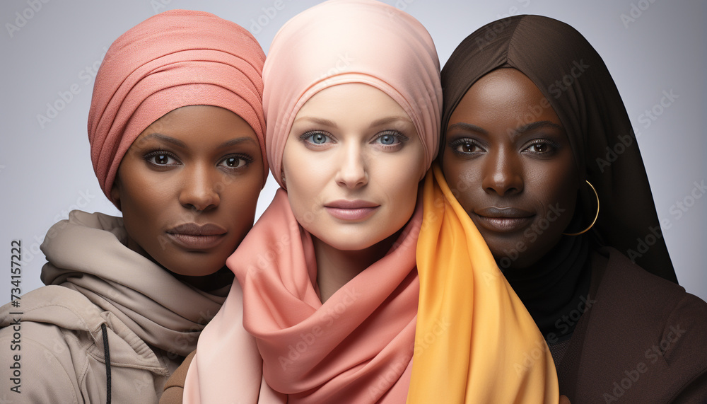 Three young women, wearing hijabs, smiling and looking at camera generated by AI
