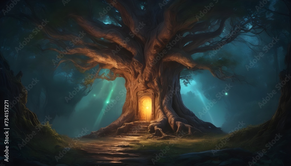 painting of an ancient tree with a doorway glowing in its trunk, leading to a luminous, enchanted realm