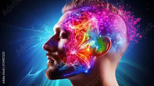an abstract image of an artist’s head with colorful lights, in the style of realistic anatomies, dynamic energy flow, explosive pigmentation, youthful energy, smokey background