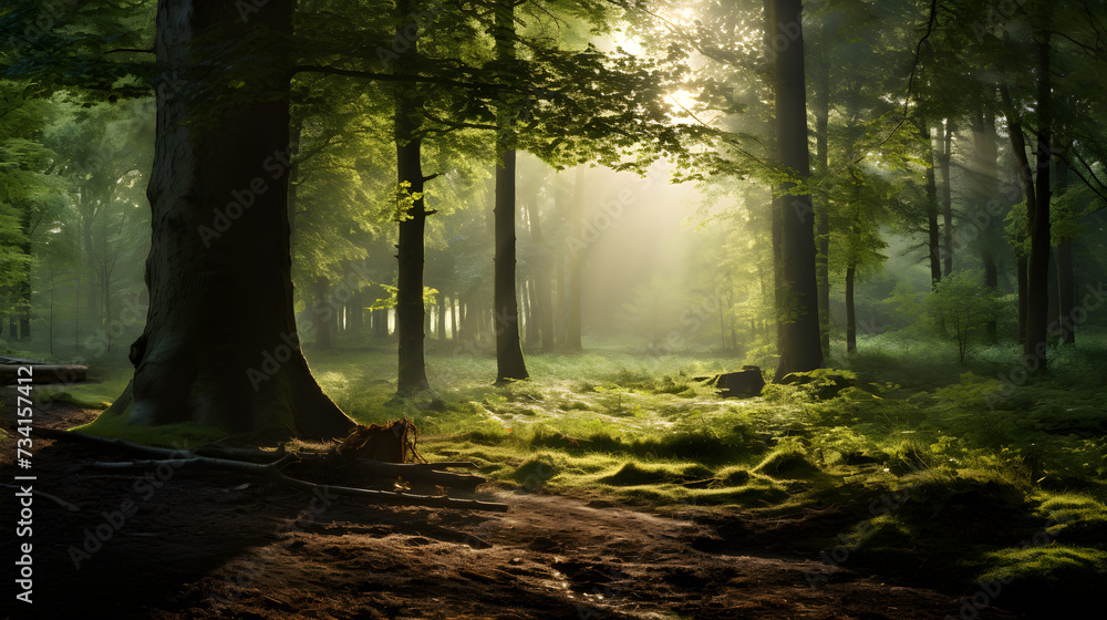 Enchanting Sunlit Forest Pathway - A Haven of Tranquillity and Natural Splendor