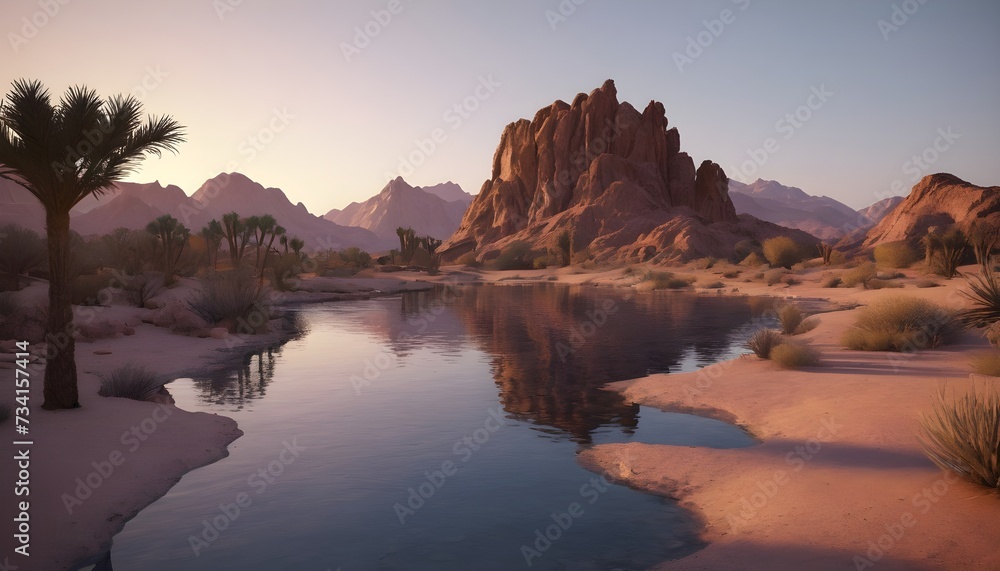 Eine Wüstenoase in der Dämmerung mit kristallklarem Wasser, das die Farbpalette der untergehenden Sonne widerspiegelt. - obrazy, fototapety, plakaty 