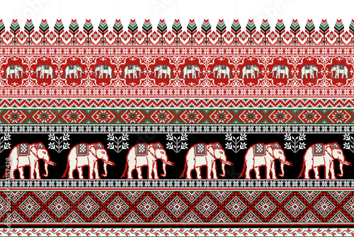 Ethnic Thai Elephant Seamless Pattern.  Vector pixel art design for fabric, tile, carpet, wrapping, clothing, wallpaper, and background