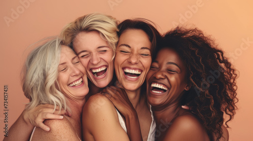 joyful young women are closely huddled together, laughing and enjoying a happy moment against a warm-toned background.