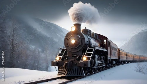 vintage train chugging through a snowy landscape, its lights casting a warm glow on the intricate snowflakes. photo