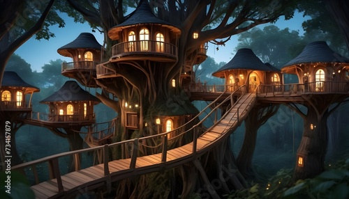 intricately designed treehouse village, with bridges connecting homes carved into living wood, surrounded by fireflies.