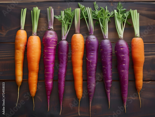 Vibrant and nourishing, a bunch of fresh purple carrots with their leafy tops embodies the beauty and wholesomeness of natural, vegan produce photo